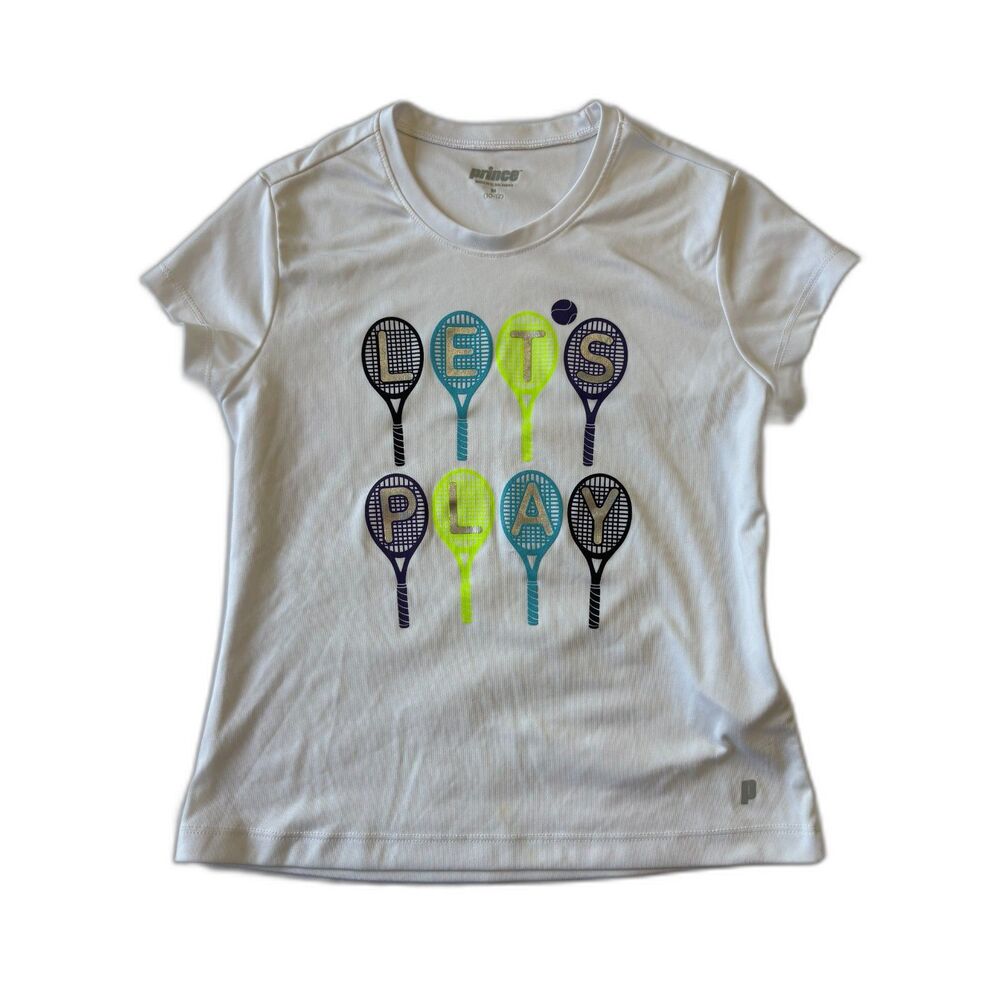 Prince Girls Tennis Graphic Tee Shirt White Med 10/12 Performance Short Sleeve